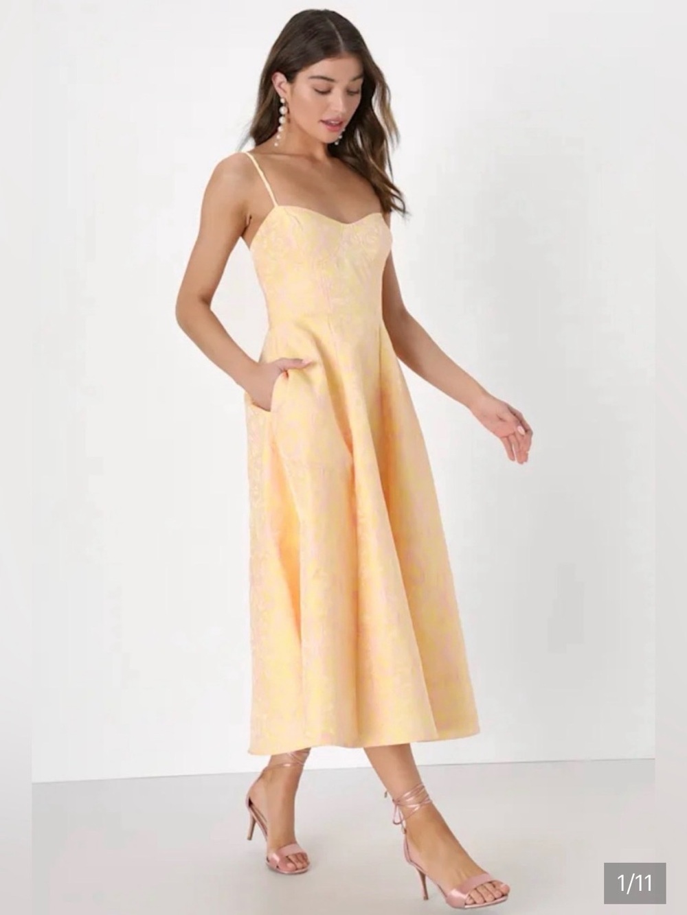 Lulu's Pale Yellow Tea Length Jacquard Bustier Midi Dress